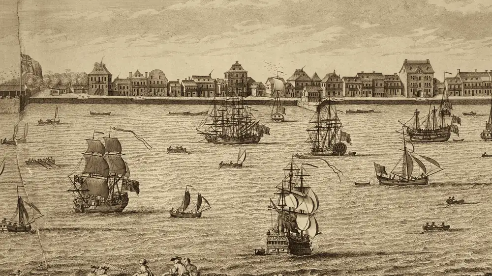 A busy colonial port scene
