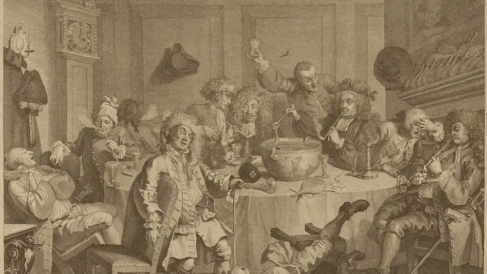 Sailors gathered in a smoky waterfront tavern